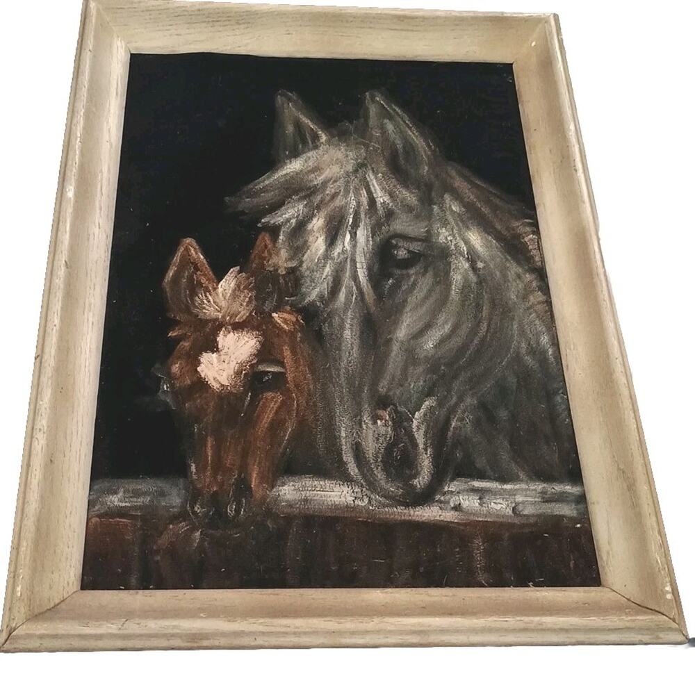 Vtg OOAK Original acrylic painting on VELVET horses Mare Colt Framed 23" x 17"